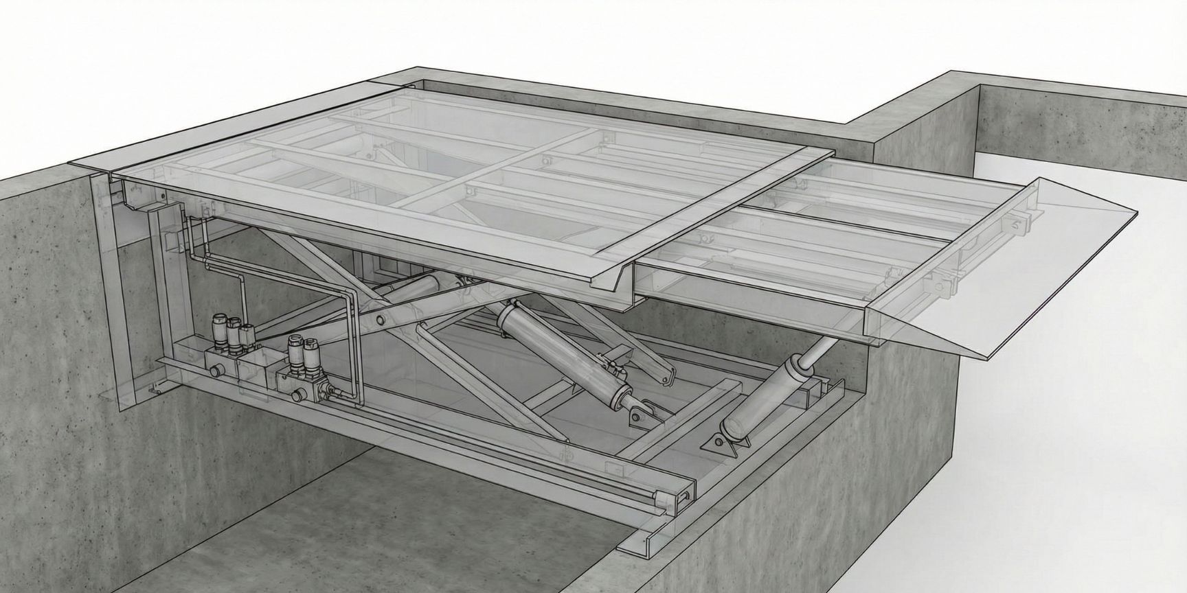 Technical sectional drawing of a hydraulic feed dock leveller in a concrete pit showing the internal hydraulic cylinders, the control unit and the extendable telescopic lip